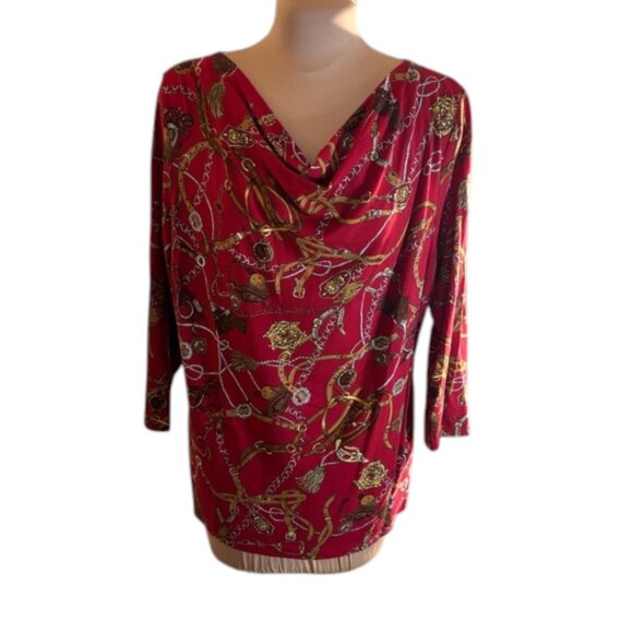 Talbots Red Equestrian Print Drape Front 3/4 Sleeve Top Size XL - Picture 2 of 7